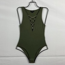 TopShop Size 2 US 6 UK Olive Army Green Bodysuit Tank Top Strappy Deep Cut Front