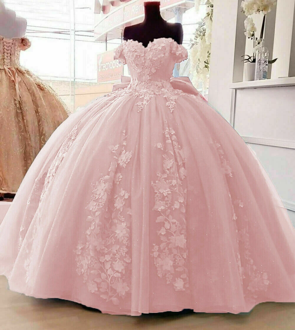 VALENTINO Abito da ballo blu cielo Quinceanera 3D floreale con grande fiocco spalle scoperte Sweet16