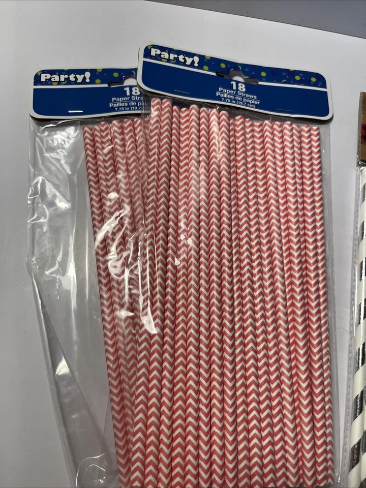 Nuevo en Paquete ~ Lote de 131 Pajitas de Papel ~ Otoño ~ Flamencos ~ Tira Plateada y Chevron Rojo Foto 4 de 4