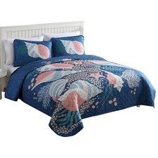 CARIBBEAN JOE Coastal 3-Piece Quilt Set, Full/Queen, Patterned Shell Navy