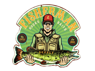 Blechschild ''Fisherman'' Angel Rute Angler Fishing Fischen Fang 37x40cm Neu