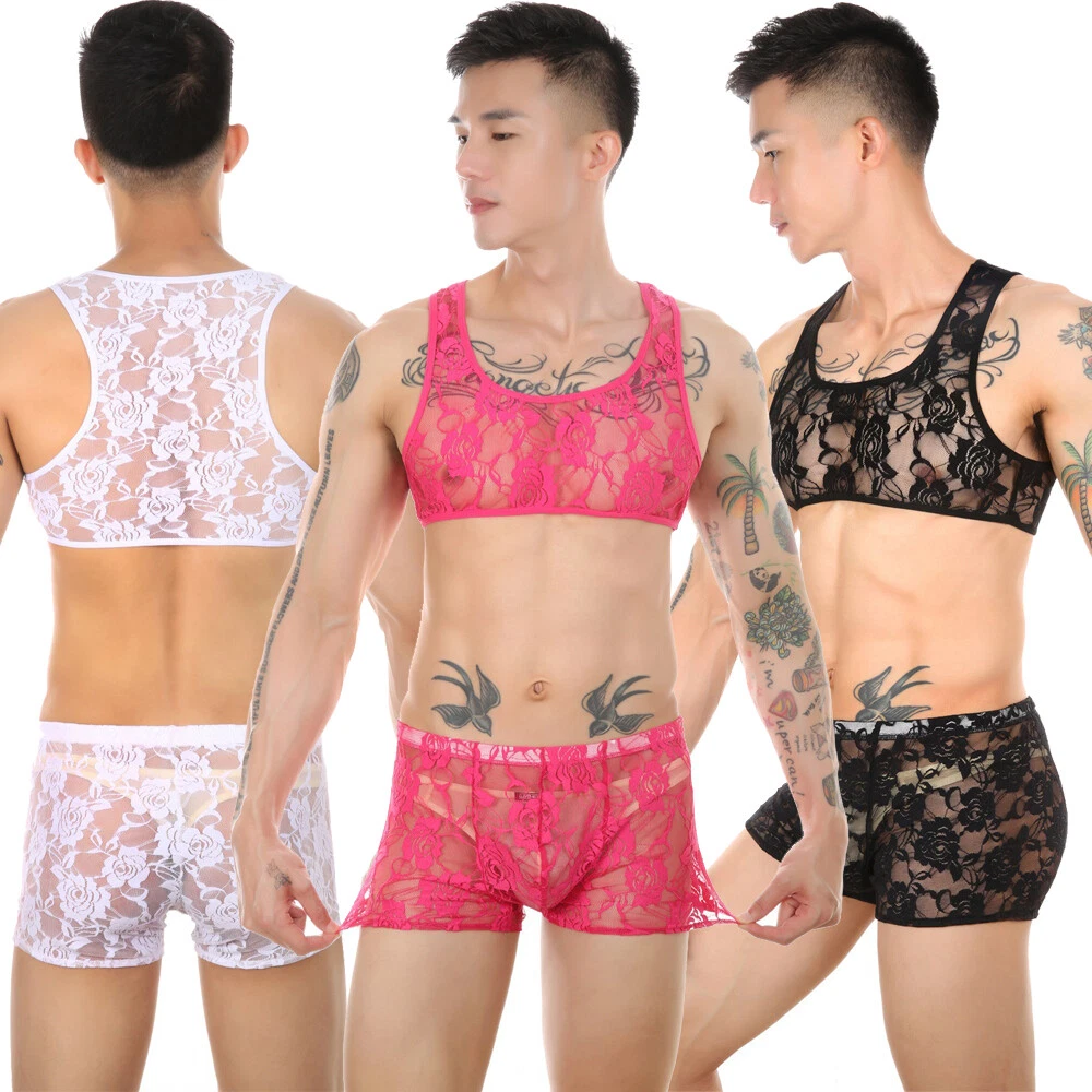 Set of Men Sissy Bra Briefs Sexy Underwear Lace Lingerie Tops Panties  Underpants