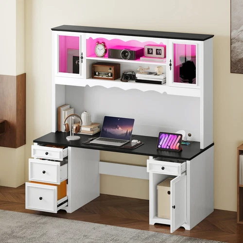 Executive Desk with Hutch & Drawers Computer Desk with Power Outlet & LED Lights