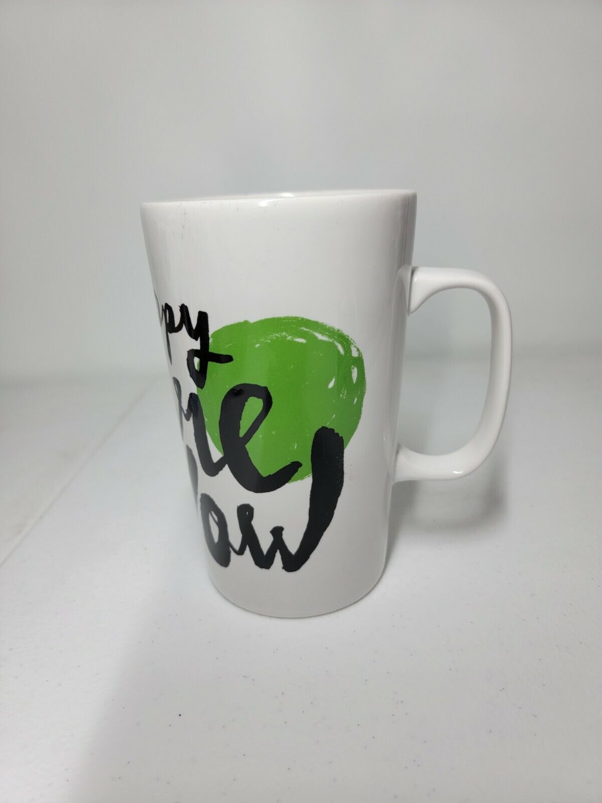 Starbucks Coffee Mug Happy Here and Now 2014 White w Green Dot 16 oz