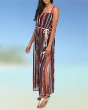 Violet Sky ladies multi stripe maxi lined dress 2 pc rope belt strapless S M $59