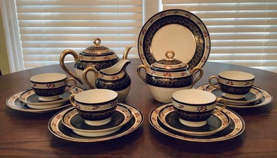 Antique LS&S Limoges France 16 Piece Tea Set Black w/ Floral Decor & Gold Trim