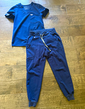 FIGS Women's XXS / XS Blue Scrub Set Top  Jogger Pants logo on sleeve