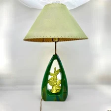 VTG Royal Haeger MCM Drip Glaze Teardrop Lamp & Cane Shade Green Blue