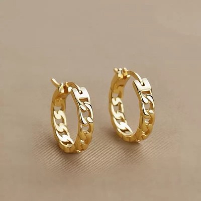 18K Gold Plated Chain Link Huggie Earrings 12mm Small Chunky Circle Hoop E02