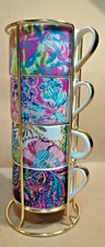 Lilly Pulitzer Porcelain Espresso Stacking Cup Mugs Set 8oz w/ Caddy Stand