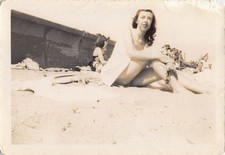 Vintage Young Woman Sitting Beach 1940s Photo Swimsuit Legs Pretty Hair Sand