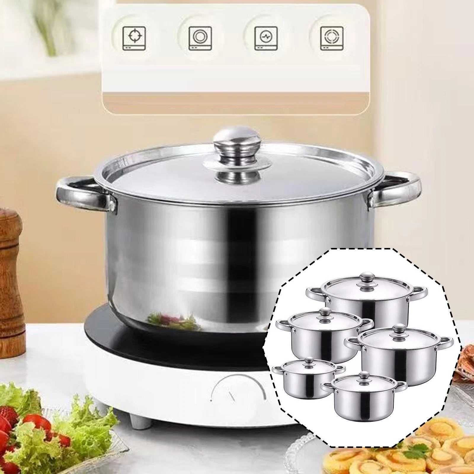 5Pcs Stainless Steel Stock Pots Cookware Stockpot