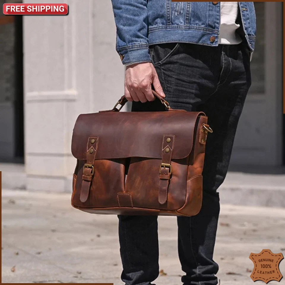 Hombres CUERO GENUINO Bolso para Laptop Maletín A4 Negocios Hombro Oficina Trabajo Estuche Foto 2 de 4