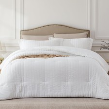 Queen Size Comforter Set, 3 Pieces Seersucker Lightweight, Cozy White