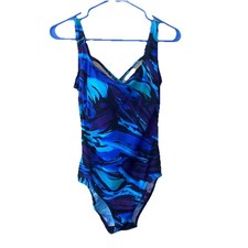 ROBBY LEN One Piece strappy back Swimsuit Women  s Size 10 blue black vintage