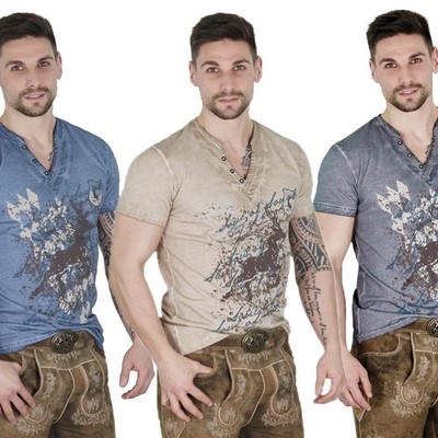 Herren T-Shirt 141 Leon Trachtenshirt Used-look grau blau sand Hirschmotiv 
