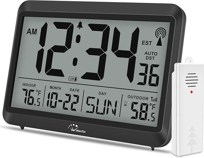 Atomic Clock With Indoor Outdoor Temperature, Self-setting Digital Wall