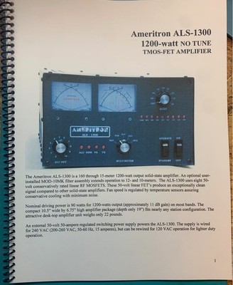 Ameritron ALS-1300 Spiral Bound Instruction Manual High Quality, Plastic Covers