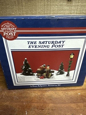 Saturday Evening Post 4 Pc Village Accessory Set Man On Bench  In Box