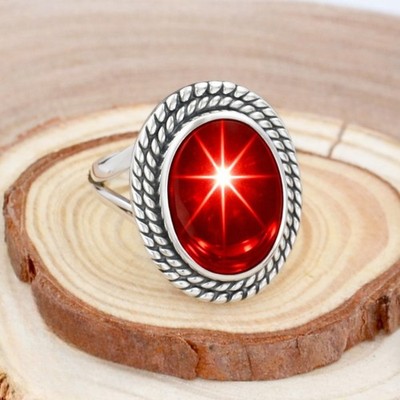 Vintage Lidy Red Sapphire Star Ring, Handmade 925 Silver Twised Role Band Ring