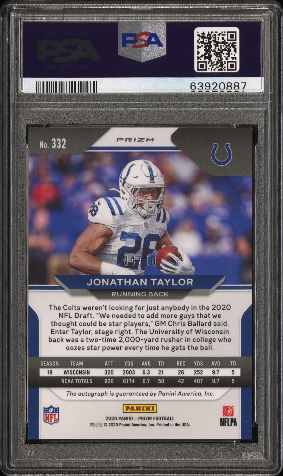2020 Panini Prizm #332 Jonathan Taylor Prizm Gold Auto #/10 PSA 8/10 view 2