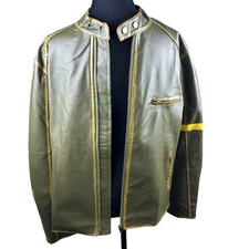 Men’s Olive Green Faux Leather Moto Jacket Yellow Hand Painted Stripe Café Racer
