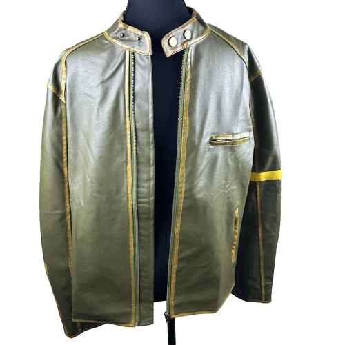 Men’s Olive Green Faux Leather Moto Jacket Yellow 