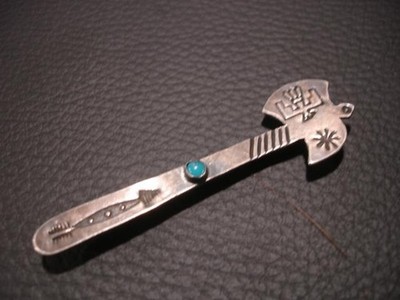 Vtg 1970s Navajo Native American Tomahawk Pin Turquoise Thunderbird Sterling