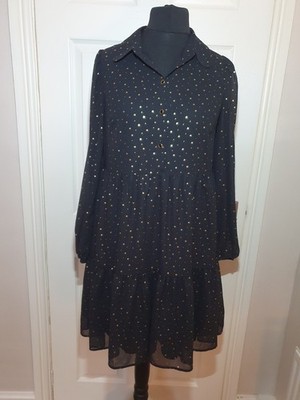 Marks & Spencer Foil Star Shirt Dress Tiered Black Gold Knee Length UK size 10