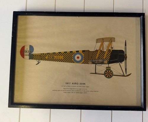 Avro 504K (1917) WWI Aeroplane Airplane Framed Print - Roy Cross. UK 1962 18x13