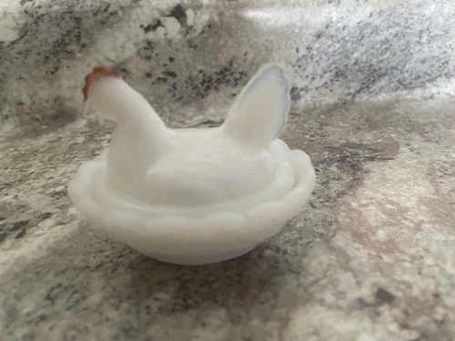 Vintage Antique Mini Chick Salt Dip Hen on Nest Opalescent Milk Glass