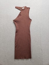 Graffiti Women Mini Dress M Brown Ribbed Sleeveless Pullover One Shoulder Party