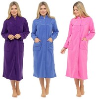 Button Fleece Dressing Gown Ladies Front Fastening Robe Housecoat Nightwear