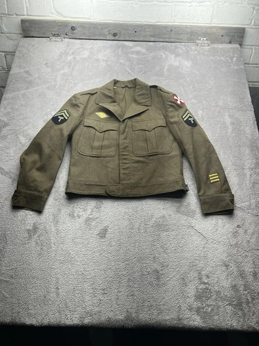 1944  WW2 Military IKE Eisenhower Jacket Green Wool Patches Pins Sz 38 8th Army