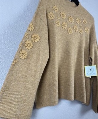CeCe mock neck sweater W tonal flower embroidery/ bell sleeves Size XL NWT