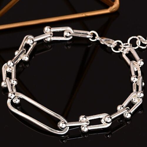 925 Sterling Silver Vintage U-Shape Chain Bracelet Unique Trendy Stylish Bangles - Picture 1 of 9