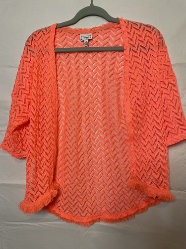 Disney D-Signed Girls Neon Coral Orange Cardigan Swim Cover Up Fringe M 10/12