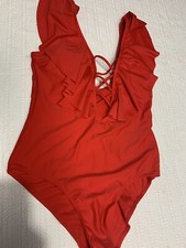 Woman  s Red One Piece Swim Suit V Front Ruffle Sleeve Size Large Poly Spandex Ne