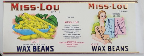 Label Can Miss Lou Dorgan McPhillips Map Mobile Alabama Cut Wax Beans - 第 1/1 張圖片