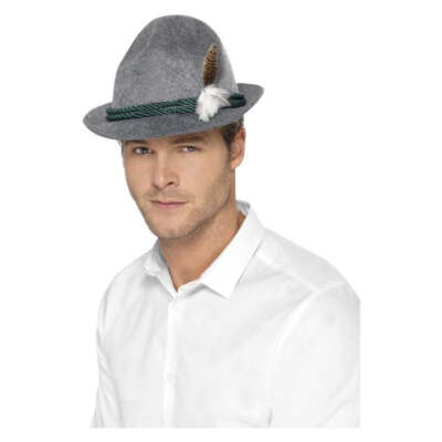 German Trenker Hat With Feather Adult Grey German Trenker Hat With Feather Adult Grey