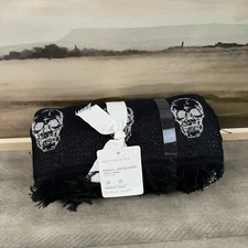 Pottery Barn Skull Metallic Jacquard Table Throw 50” Halloween Black Silver NWT