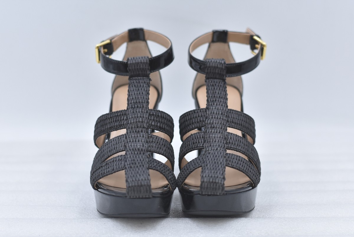 LAUREN Ralph Lauren Francesca Raffia-Leather Sandal in Black Size