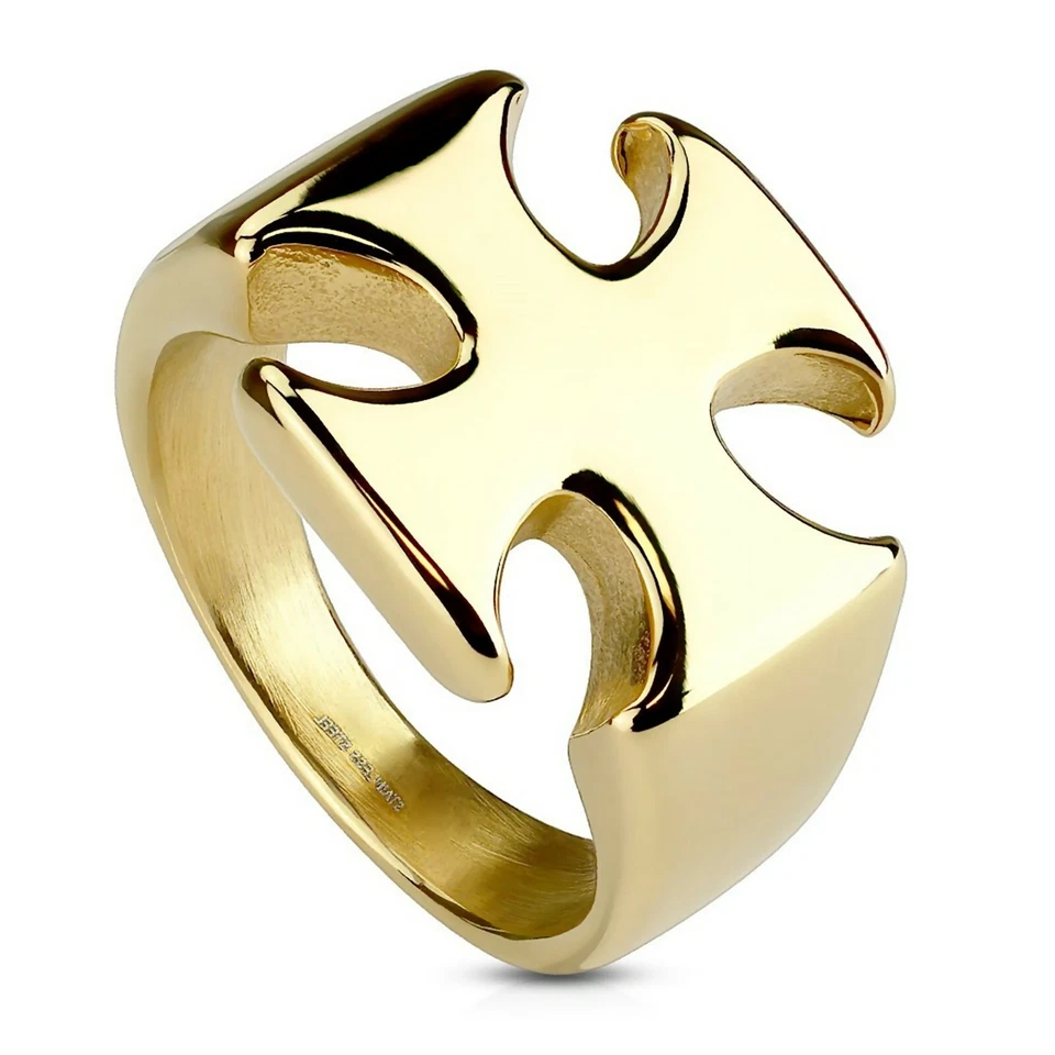 Anillo Caballeros Templarios Oro PVD 316L Acero Inoxidable Medieval Maltesa Cruz Banda Foto 2 de 3