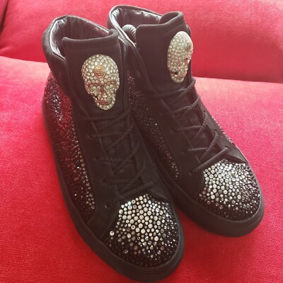 Philipp Plein Black Leather skull Suede Women's High-Top Sneakers Shoes US  8/ 38