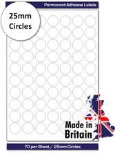 25mm Circles - Round Self Adhesive Labels - Laser & Inkjet Printer Labels 70TV
