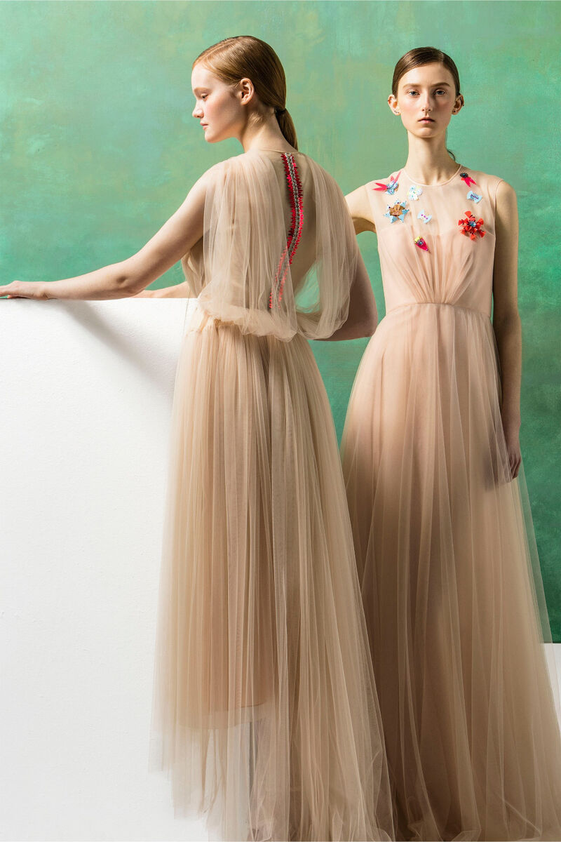 DELPOZO Beige Sheer Tulle Embellished Jeweled Dress Gown 36 DELPOZO Beige Sheer Tulle Embellished Jeweled Dress Gown 36