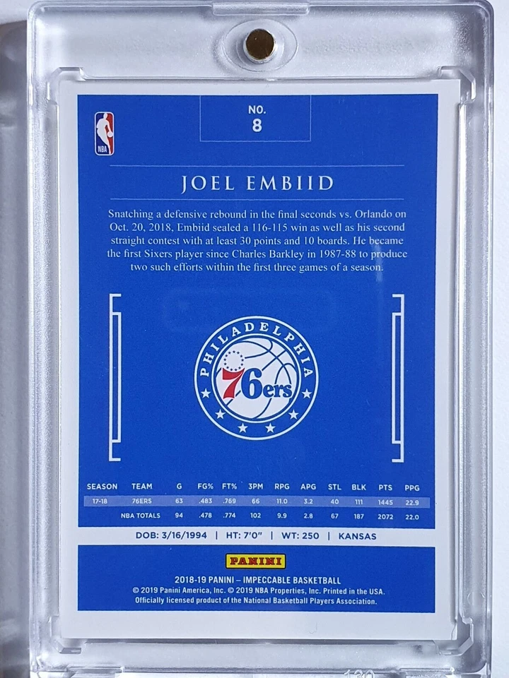 2018 Panini Impeccable Joel Embiid #8 SILVER /49 Edition - Ready to Grade - Image 3 of 3