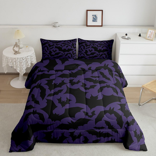 Halloween Themed Bedding Comforters Queen Size,Black Bats Animal Print Comforter