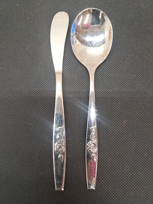 SSS By Oneida Stainless Our Rose 2pc Butter Spreader & Sugar Set Silverware 