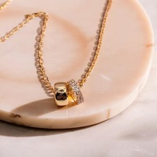 Dainty Gold Pave Crystal Ring & Polished Ring Pendant Cable Chain Necklace Women